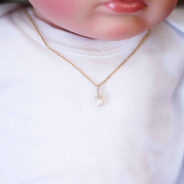Lantisor aur copii cu perla si zirconiu aur 14k