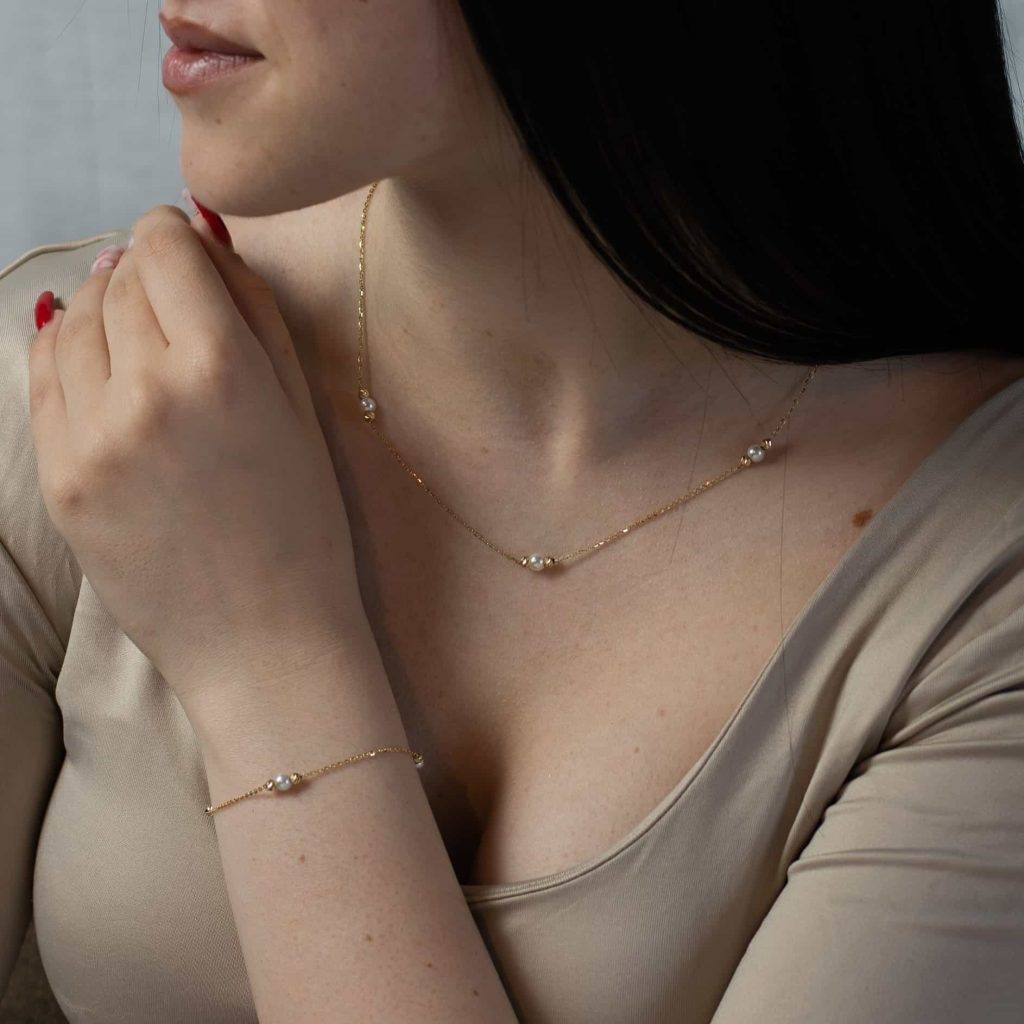 Set bijuterii aur galben 14K dama cu 3 perle si bilute aur